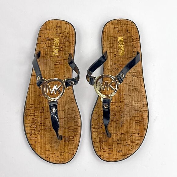 Michael Kors Sandals Womens 7 Black Gold Cork Jelly Thong Flip Flop Logo Slides - Picture 8 of 10